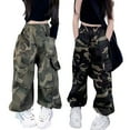 thumbnail image 5 of GYRATEDREAM Girls Wide-Leg Cargo Pant Kids Casual Elastic High Waist Camouflage Pants with Pockets Black for 6-16 Years, 5 of 5