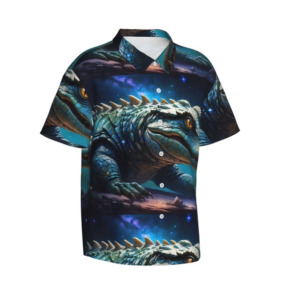 Lsque Starry Sky Colorful Crocodile A pattern Hawaiian Shirt for Men, Unisex Summer Beach Casual Short Sleeve Button Down Shirts-Medium