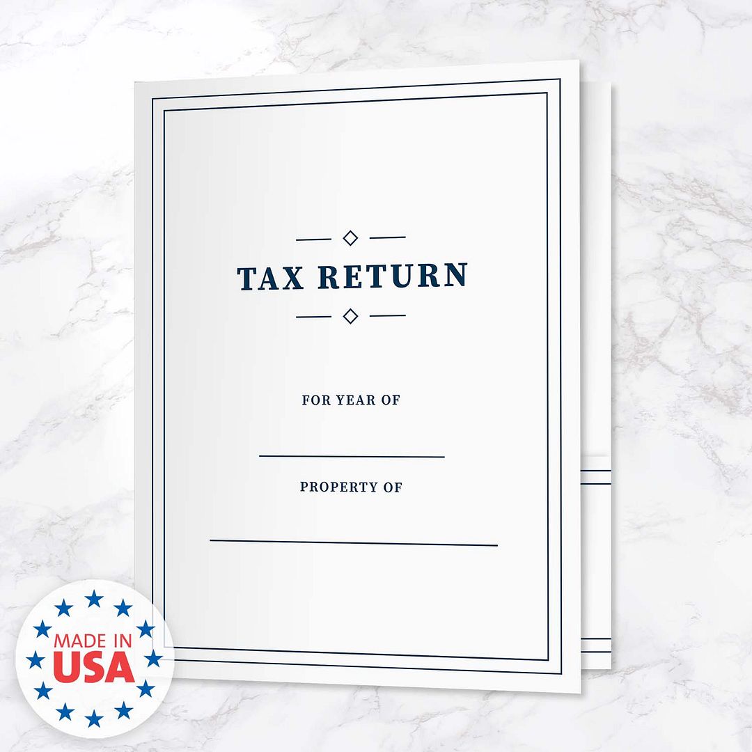 Professional Navy Border Tax Return Folders / 25 Sleek Blue And White 2 Pocket Folders / 9" x 12" Fill In Tax Return Presentation Folder / Made In The USA