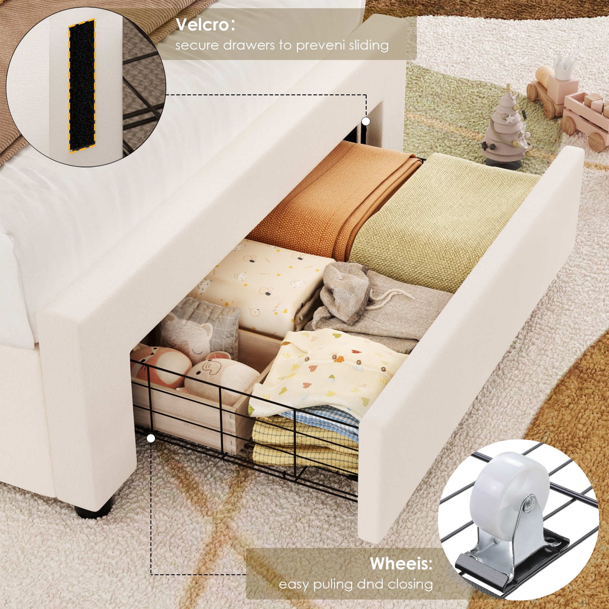 Homfa Twin Size LED Bed Frame with Storage, Wingback Platform Bed with Velvet Upholstered Headboard, Off-White