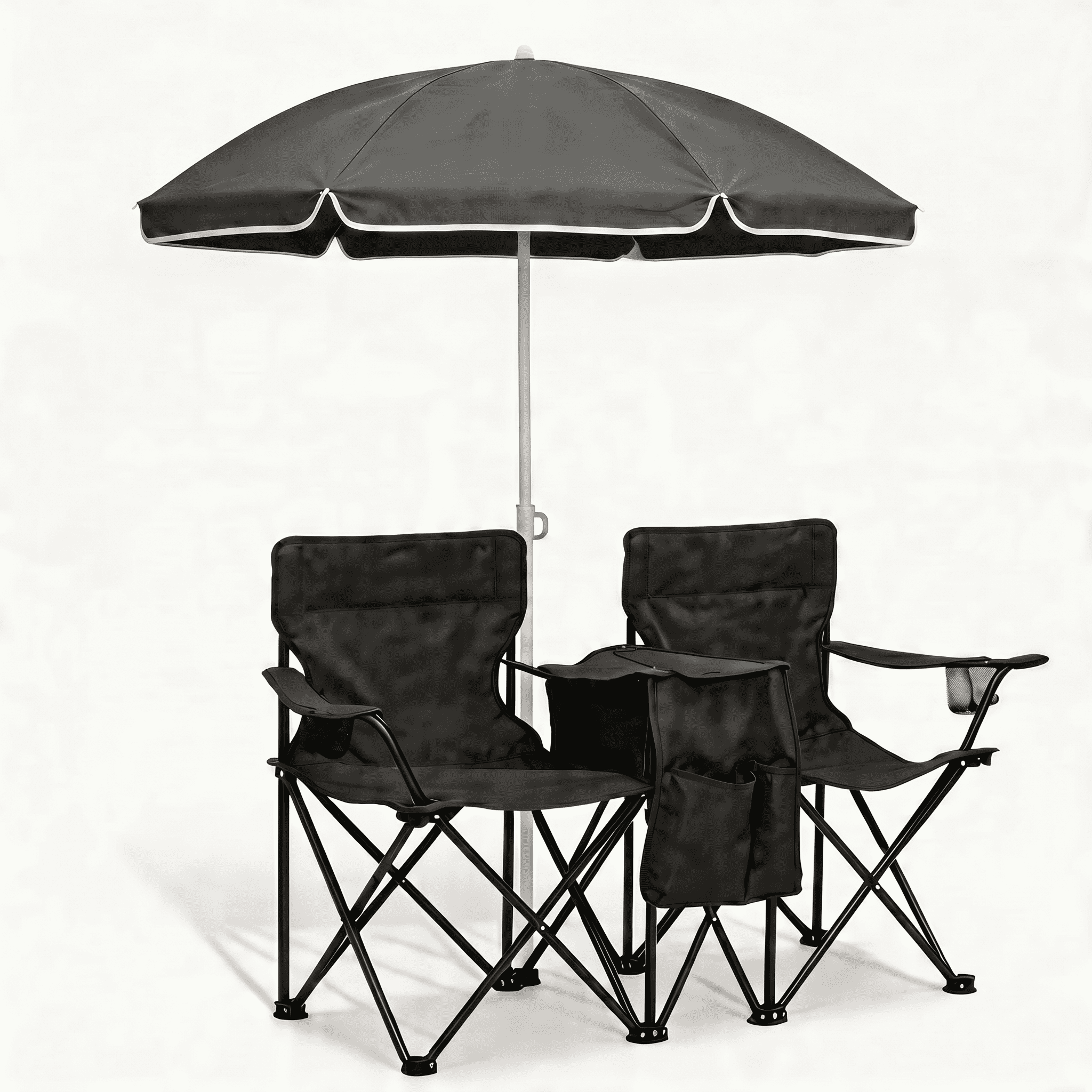 Portable Folding Picnic Chair Set with Umbrella,2-Person Outdoor Camping Chairs with Cup Holders & Cooler Bag, Adjustable Sun Canopy, Heavy Duty Beach Chairs for Patio, Backyard, Travel, Black