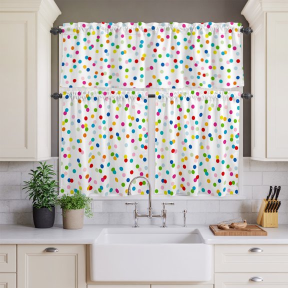 Kitchen Window Curtains Valance and Tier Set, Colorful Polka Dot Seamless Rod Pocket Tier Curtains and Valance 3 Piece Set, Geometric Potted Theme Window Treatment for Bedroom Living Room