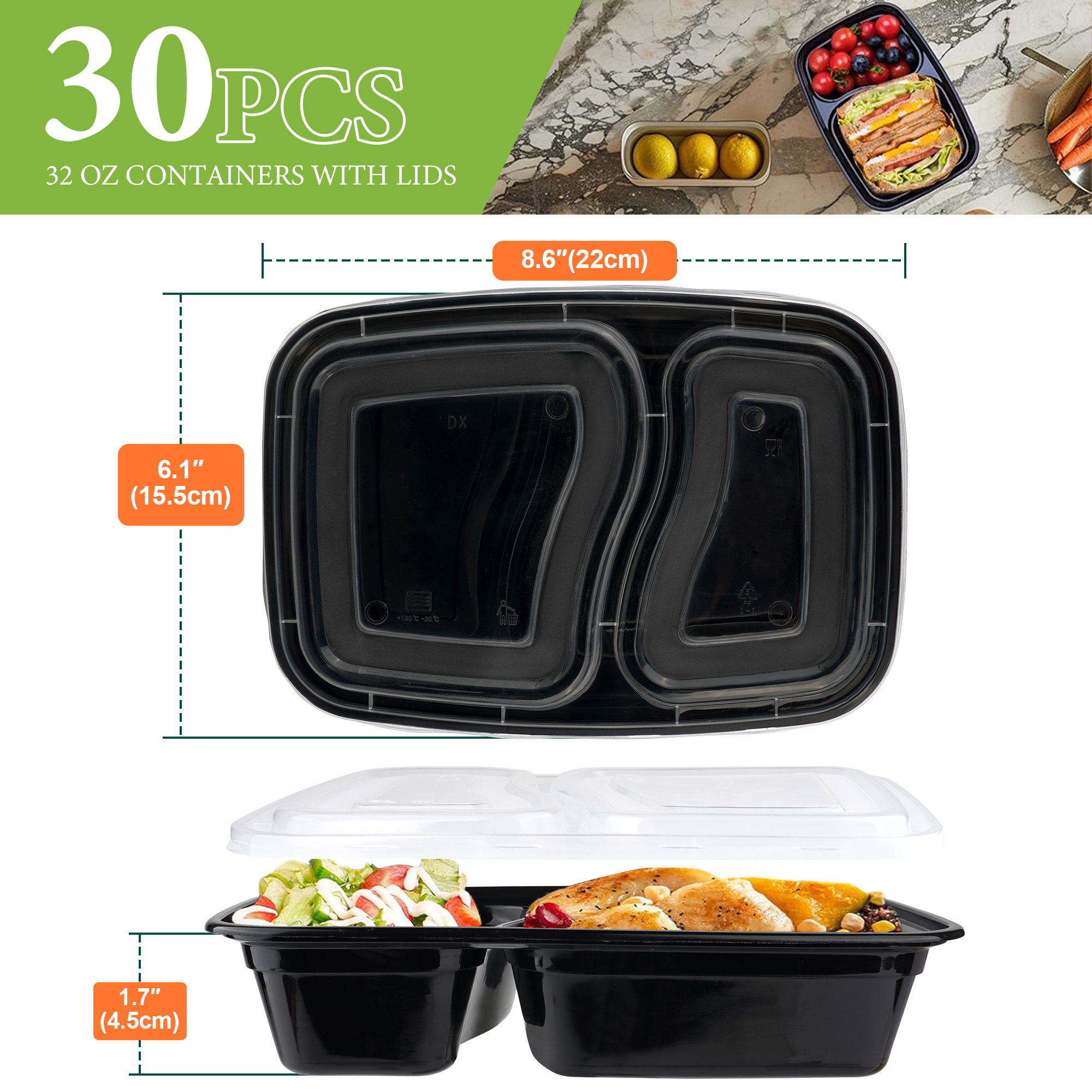 Kosbon 30-Pack 32 oz Meal Prep Containers, 2-Compartment photo 4