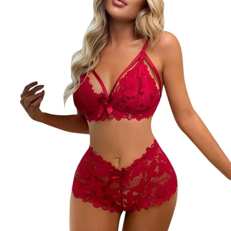 

iOPQO lingerie for women Sheer Floral Lace Pajamas Lingerie Set High Waist Sleepwear Bra And Panty Two Piece Nightwear Red XXL