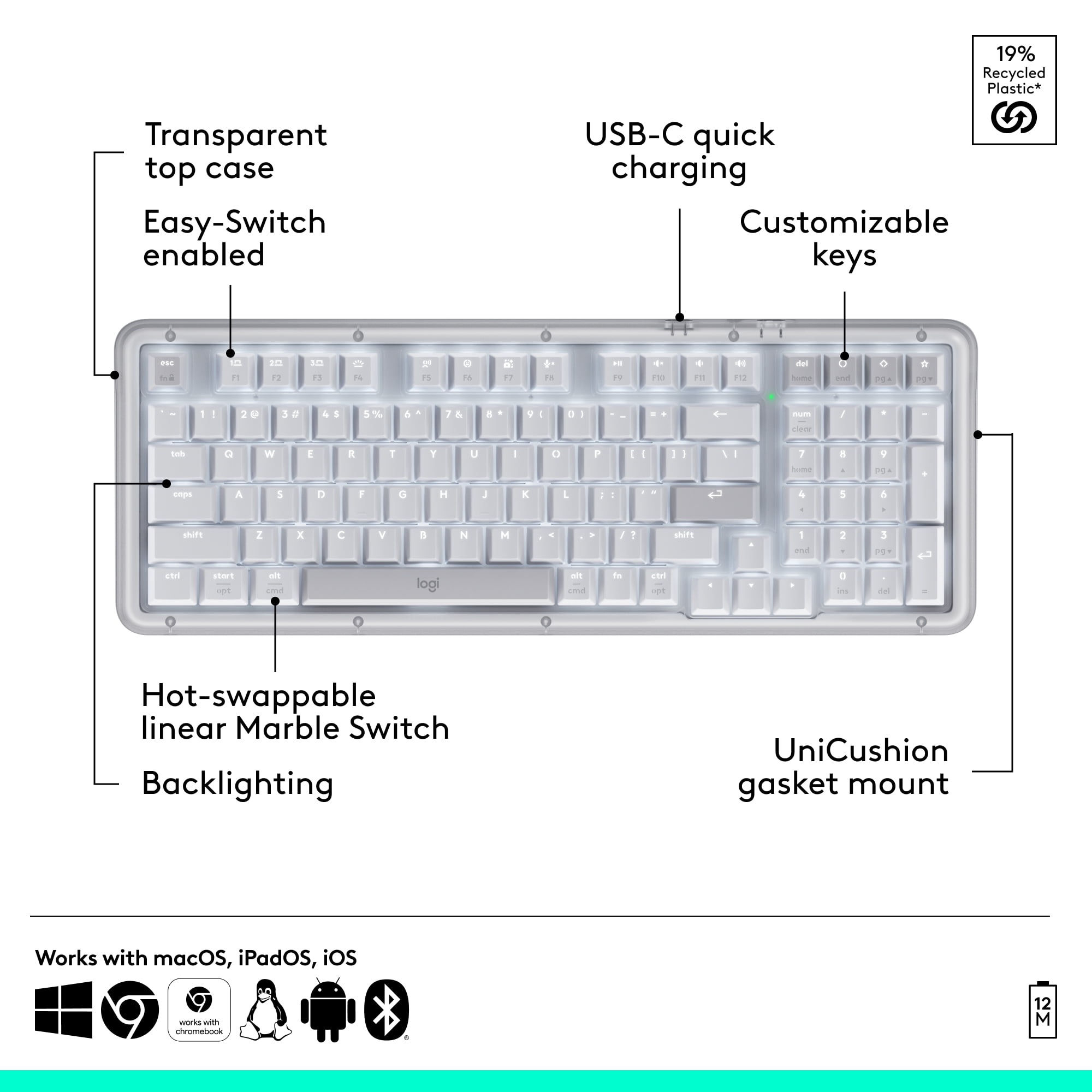 Logitech Alto Keys K98M wireless mechanical keyboard, customizable keyboard with vibration absorbing gasket, Bluetooth, Off White
