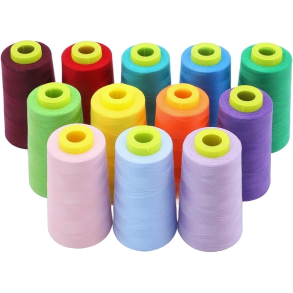 EVERLOCK Serger Thread Set – 12 Cones, Bold Assorted Colors – 3000 Yards Each – 40 Weight, 2-Ply Spun Polyester – Strong Overlock Thread for Serger Machines – Low-Lint, Smooth Feed