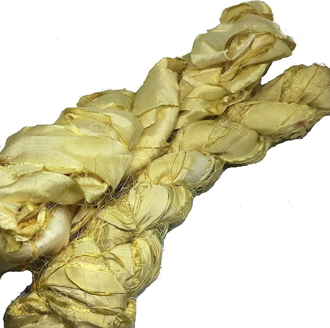 Knitsilk Recycled Sari Silk Ribbon Yarn|Best for Crochet, Knitting, and Embroidery |Sustainable and Unique|50 GMS-30Yards-Lemon|Pack of 5