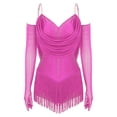 thumbnail image 6 of TiaoBug Dance Leotard for Womens Glitter Latin Jazz Club Party Fringe Dance Dress with Gloves Hot Pink S, 6 of 7