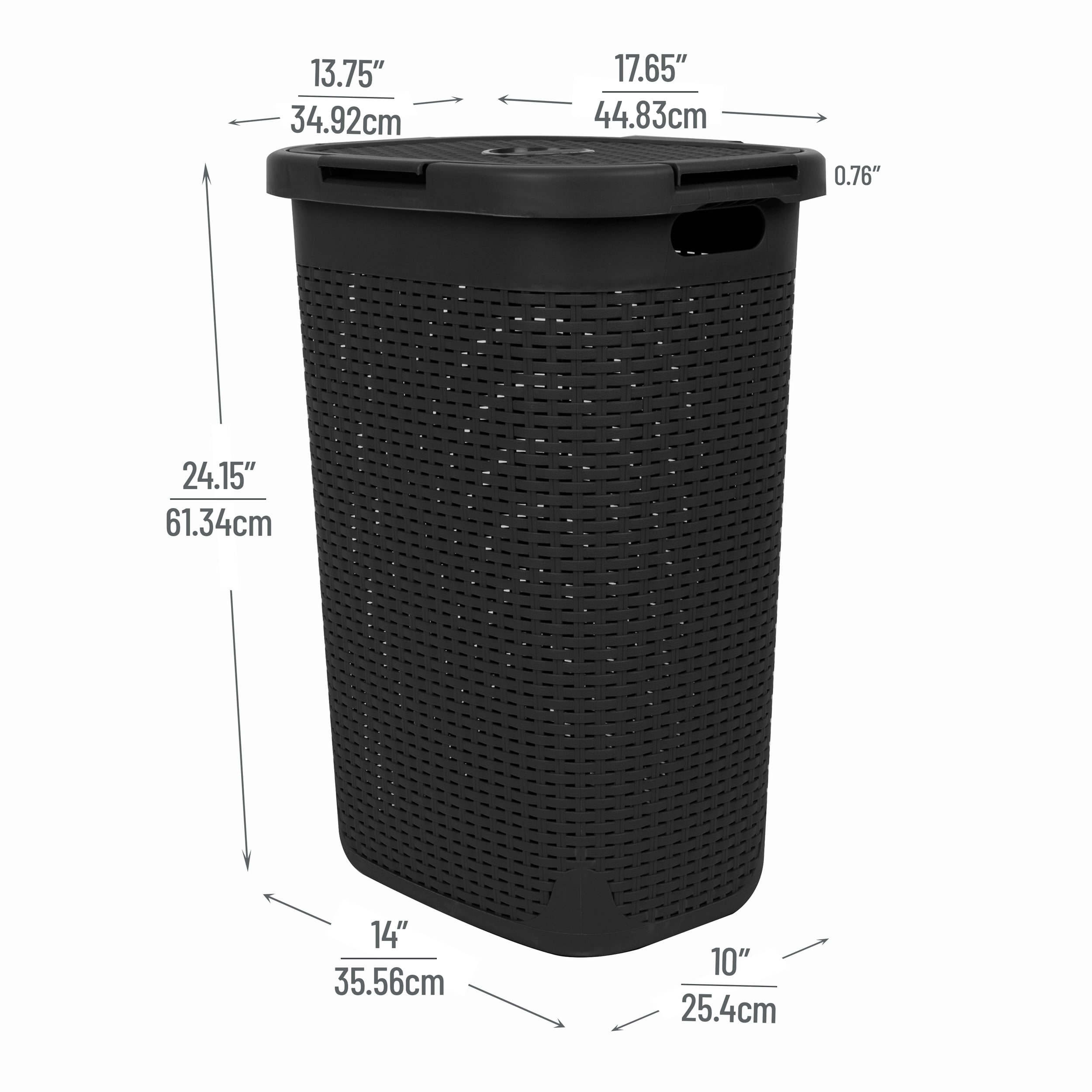 Mind Reader 60L Slim Laundry Hamper, Clothes Basket, Lid, Wicker Style, Plastic, 17.65"L x 13.75"W x 24.15"H, Set of 2, Black