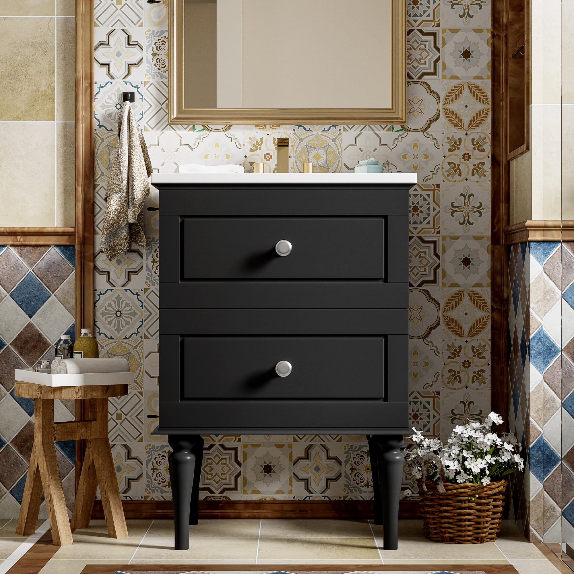 Euroco 24'' Bathroom Vanity Cabinet with Ceramic Sink Combo Set, Solid Wood Frame Modern Bathroom Storage Cabinet with 2 Drawers