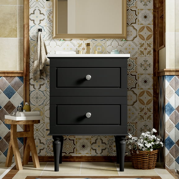 MIDOQIN 24'' Bathroom Vanity Cabinet with Ceramic Sink, Solid Wood Frame Modern Bathroom Storage Cabinet with 2 Drawers
