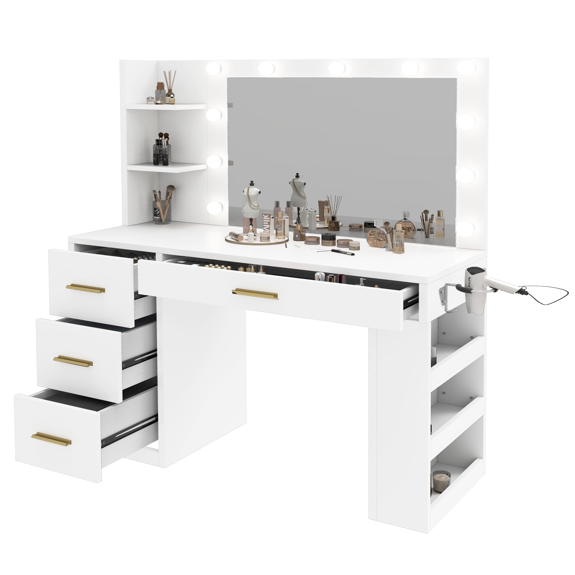 Uforic Adults' Makeup Vanity – Modern White Desk with 3-Color Lights, Storage Shelves, 4 Drawers & USB Charging Station