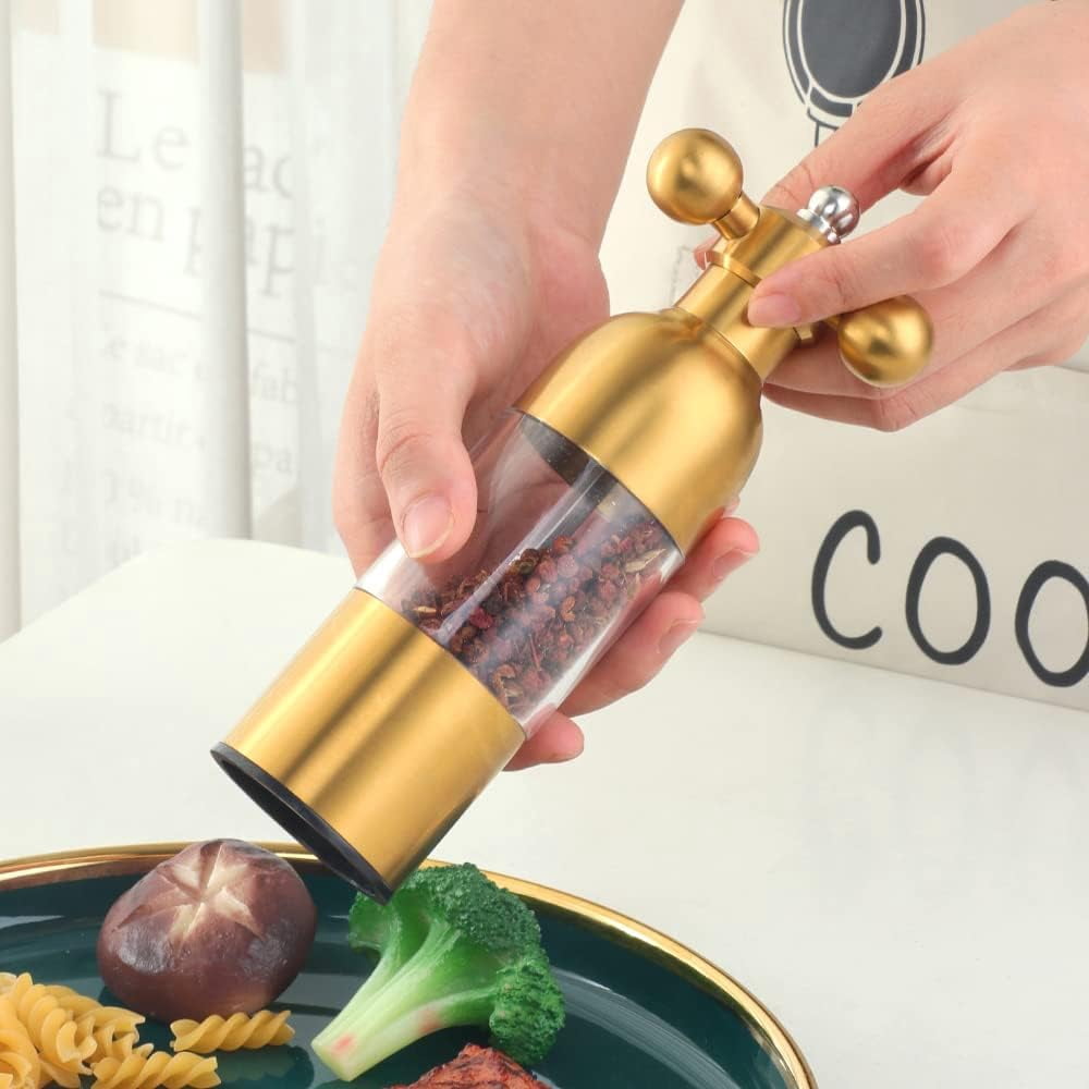 Pepper Modern Manual Grinder Set with Solid Handle - Stainless Steel Faucet Shakers | Refillable Adjustable Coarseness Mill for BBQ Restaurant, Home(Gold)