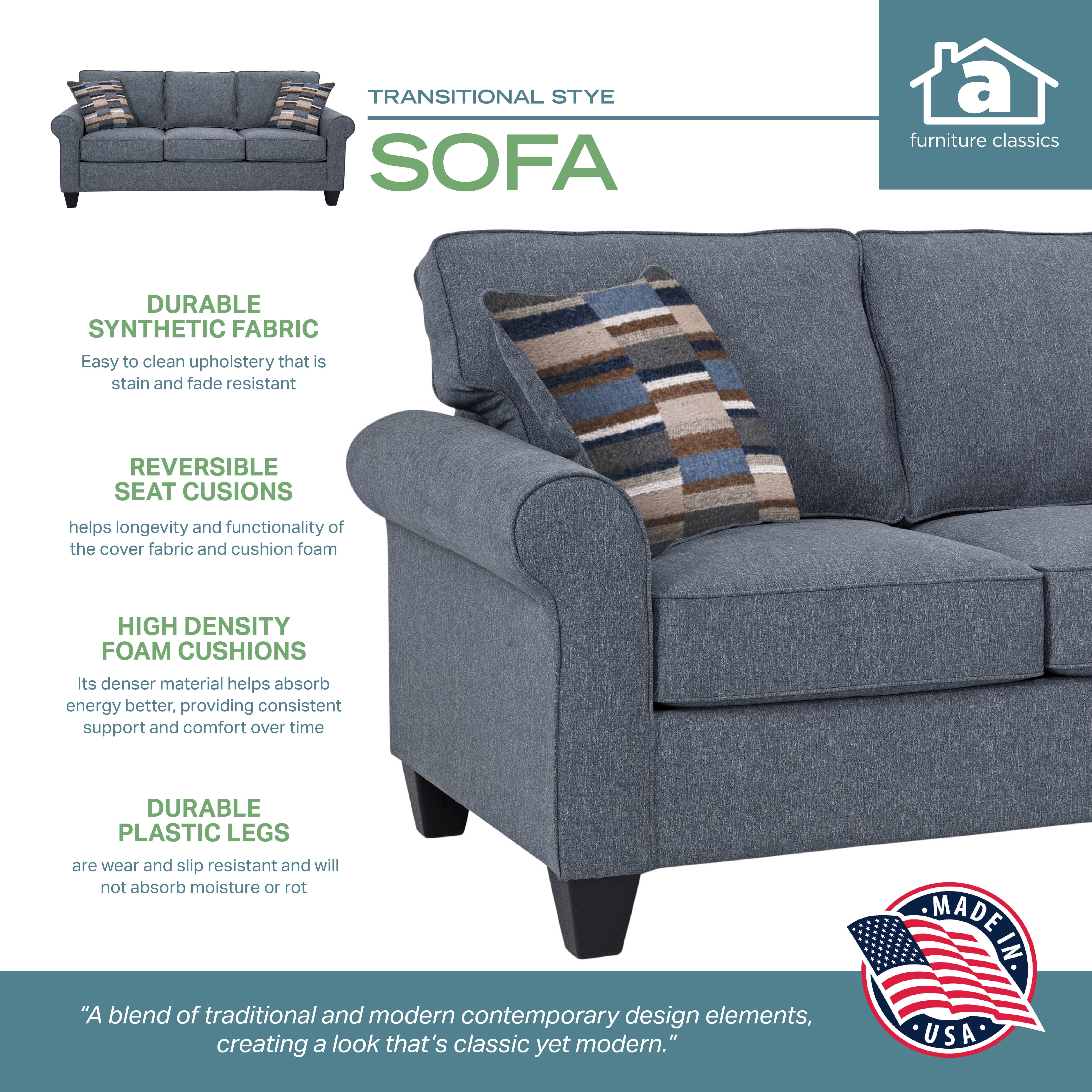 Furniture Classics Eureka Rolled Arm Sofa with Two Pillows