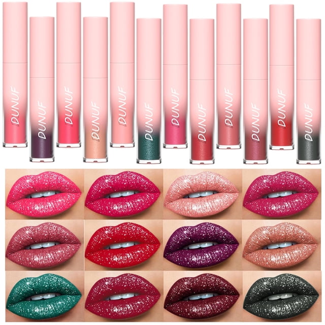 Dulele Juego de 12 pintalabios líquidos con purpurina de diamante de larga duración y antiadherente, brillo metálico mate, color mate, lápiz labial tintado, brillo de labios altamente pigmentado