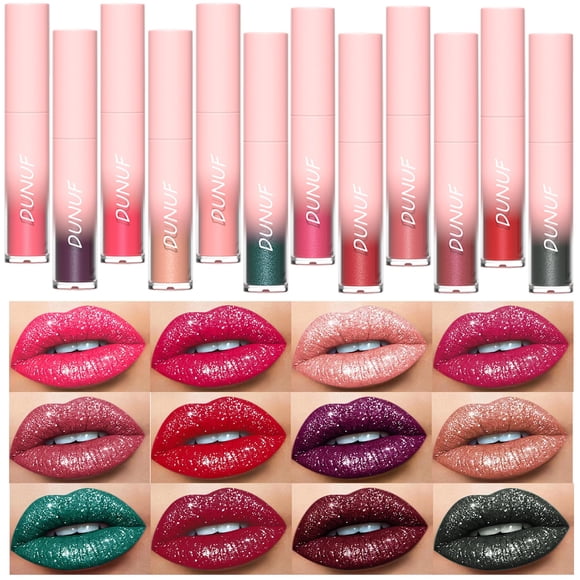 Dulele Juego de 12 pintalabios líquidos con purpurina de diamante de larga duración y antiadherente, brillo metálico mate, color mate, lápiz labial tintado, brillo de labios altamente pigmentado