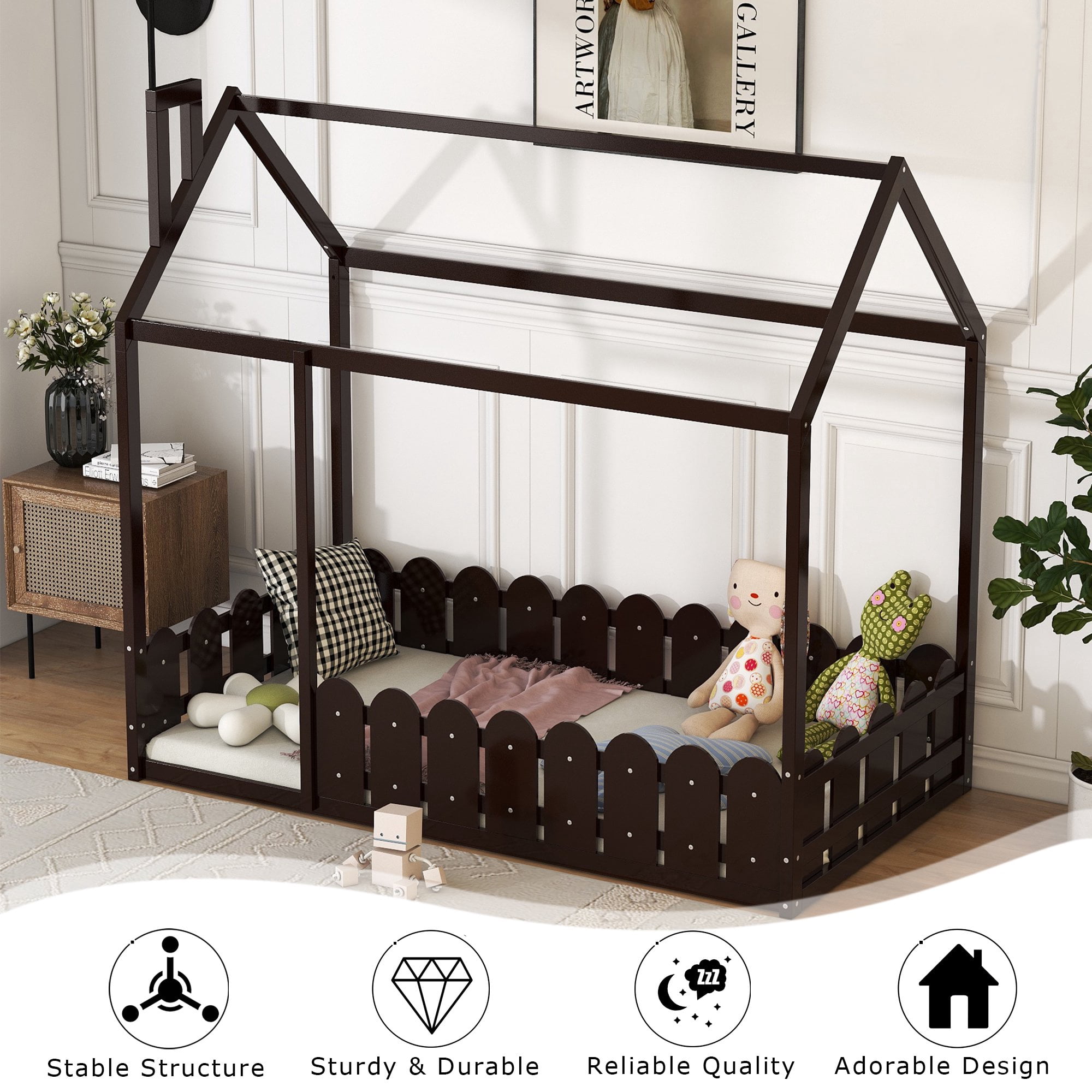 Gewnee Twin Size House Bed with Fence and Roof,Wood Floor Bed Frame for Toddlers and Kids,Espresso