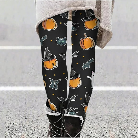 YOIAVAIOY Womens Novelty Halloween Leggings Black Cat Ghost Pumpkin Print Workout Fitness Running Tights Buttery Soft Ankle Length Yoga Pants Black M