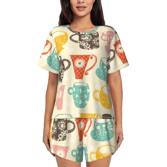 Balery Vintage Cup Conjunto de Pijama para Mujer con Estampado, Dos Piezas de Manga Corta y Shorts, Ropa de Dormir Suave con Cuello Redondo y Bolsillos-3X-Large