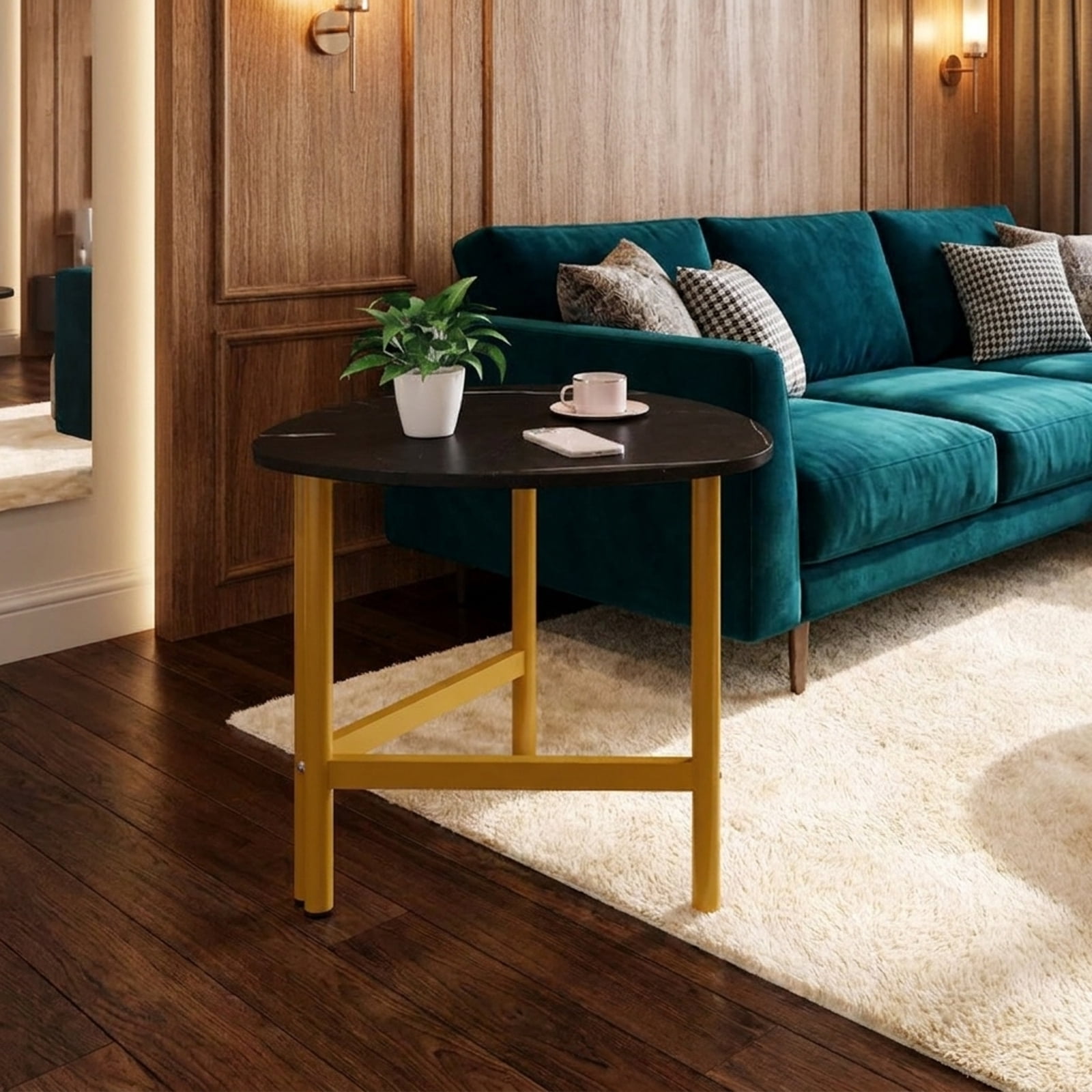 Furnibear Triangle Coffee Table Oval Coffee Table with Metal Legs Industrial Center Table - Black - Living Room Center Table