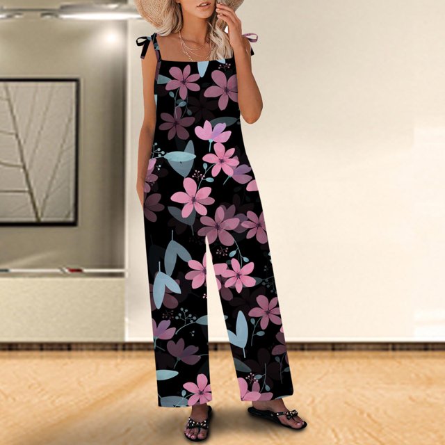 Mefallenssiah Women Ladies Printed Summer Sleeveless Backless Loose Long Playsuits Rompers Jumpsuit