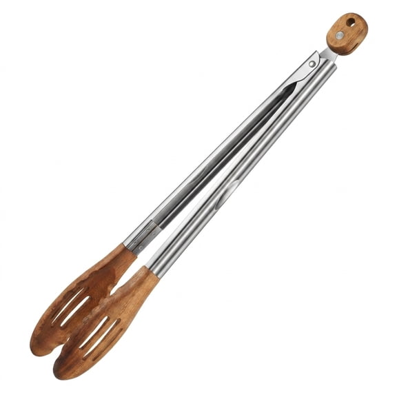 15.5 Inch Extra Long Wooden Tongs for Cooking, Heavy Duty Stainless Steel BBQ Grill Tongs with Non-Stick Acacia Wood Tips