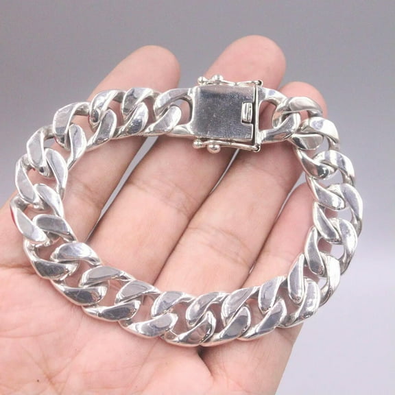 K-KED Real Sterling Silver 925 Metal Purity Bracelet Heavy Cuban Curb Link 7.87inchL