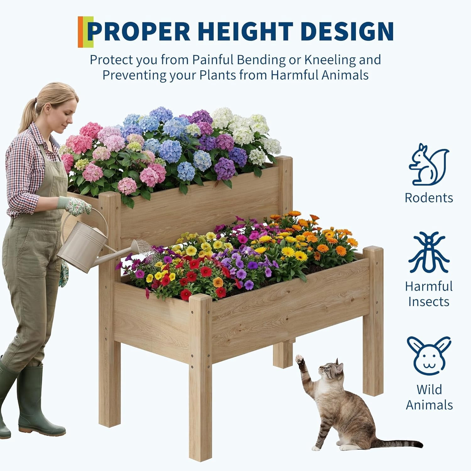 Riedhoff 2 Tier Wooden Raised Garden Bed with Legs, 33.86 x 33.86 x 28.74", 8 Drainage Holes, Oak