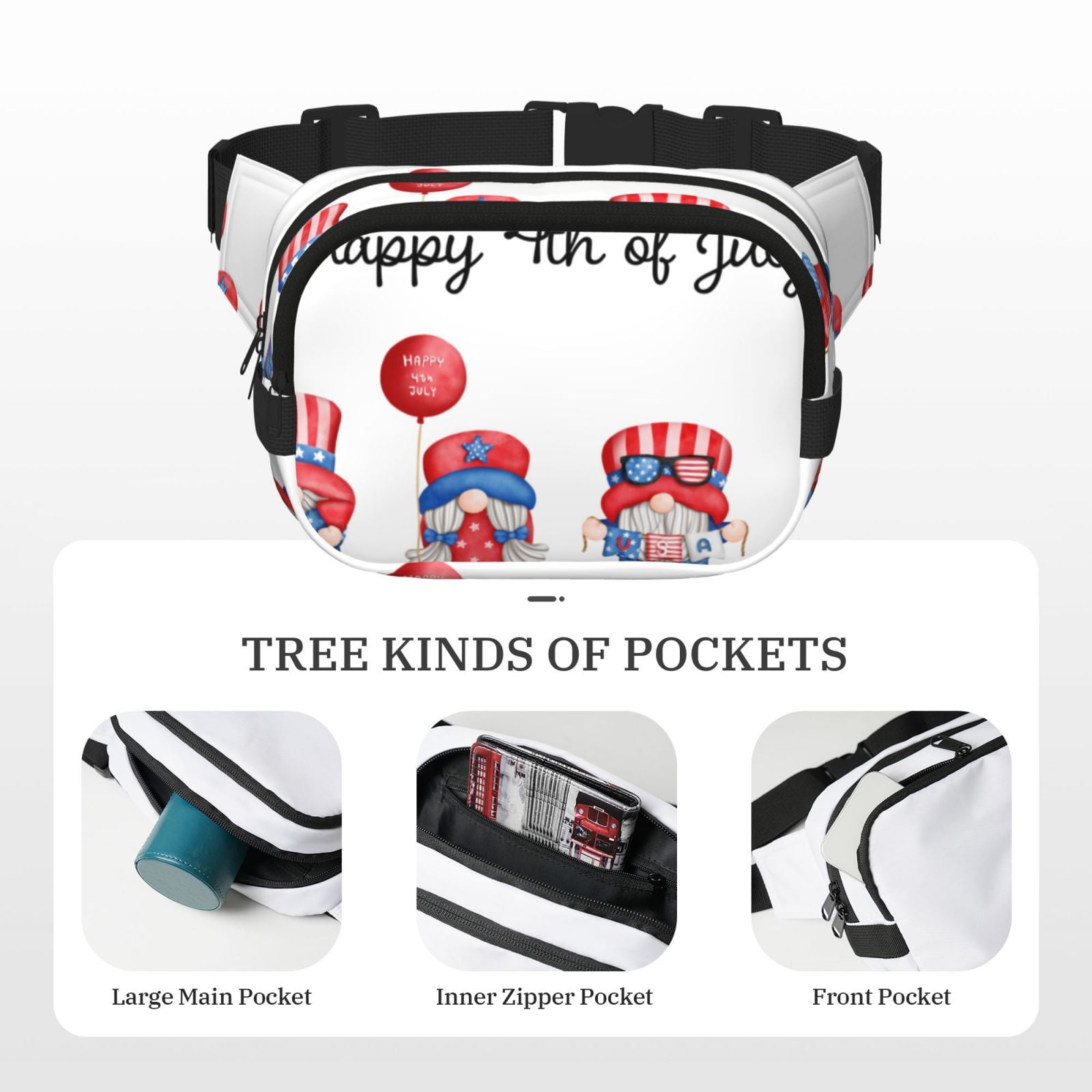 Picia Happy Independence Day Gnome Print Square Double-Layer Waist Bag Mini Adjustable Waist Belt Bag Exercise Running Travel Hiking