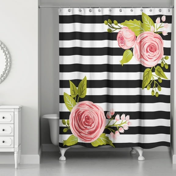 Creative Products Black And White Flower Stripes 71x74 Shower Curtain