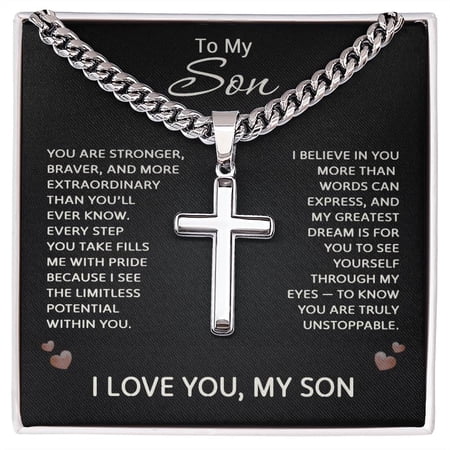 To My Son Necklace, Stainless Steel Cuban Link Cross Jewelry - Graduation Gift for Son Title: Standard Box, Finish: Polished Stainless Steel