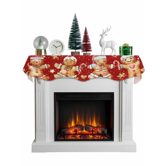 Christmas Gingerbread Man Mantel Scarf Fireplace Decorations for Living Room, Winter Cute Candy Xmas Cartoon Red Fireplace Mantel Scarf Cover Runner for Thanksgiving/Christmas Decor 90"x17"
