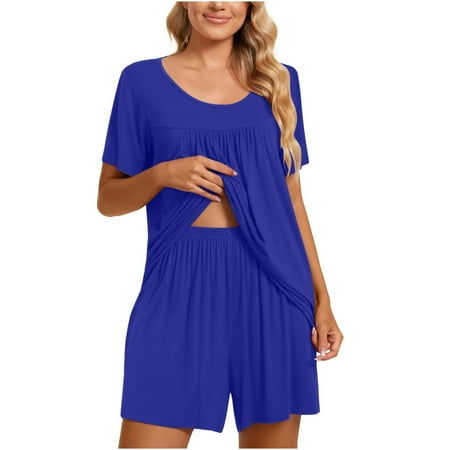 

hoksml Trendy Summer Outfits for Women 2PC Women s Round Neck Shorts Sleeve Two-piece Comfortable Home Pajamas Set Sports Set