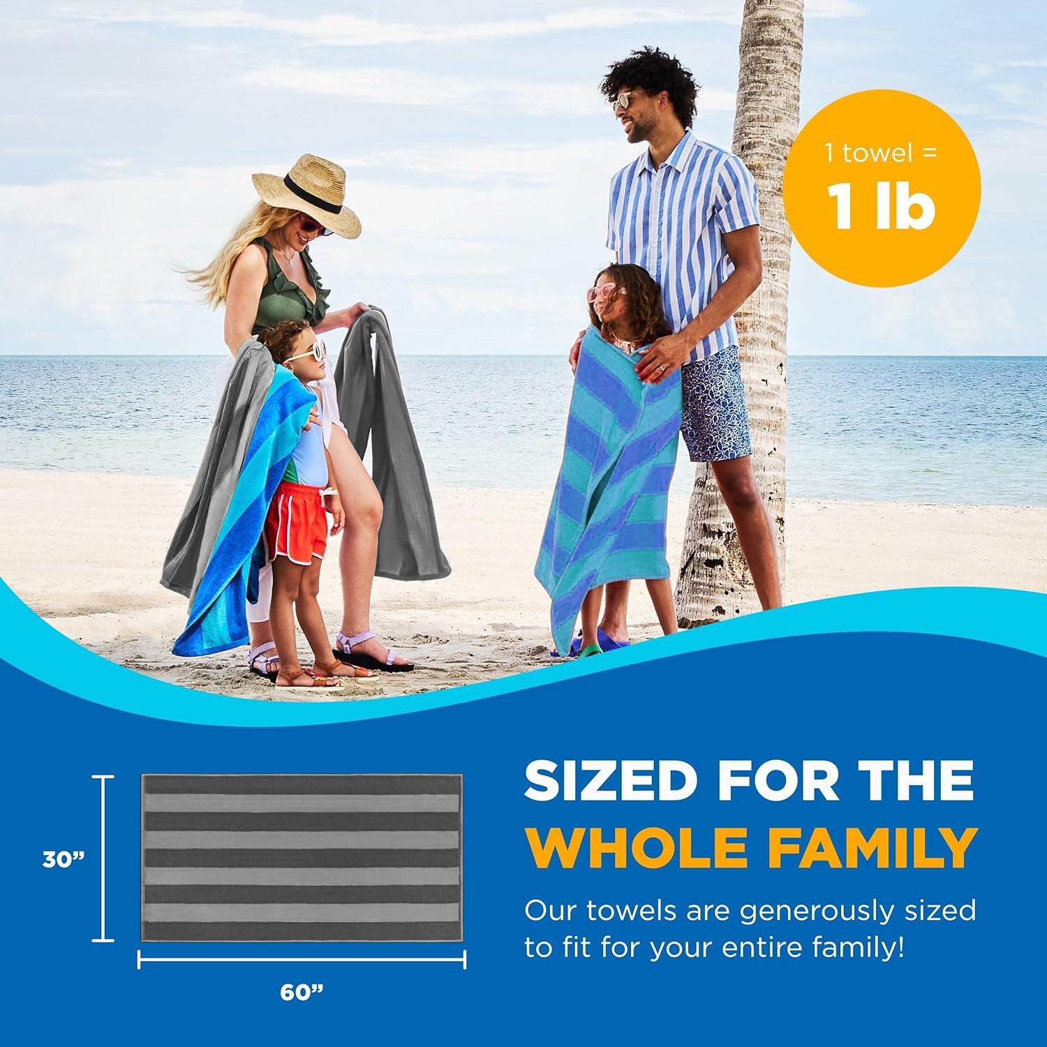 Kaufman - Velour Multi-Color Cabana Striped Beach Towels | 100% Cotton Beach Towel Pack 30" x 60" | Absorbent, Quick-Drying Pool Towels for Adults (2 Pack)