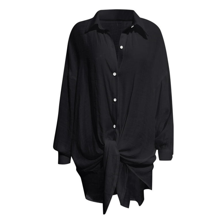 Ryrjj Womens Button Down Shirts Oversized Linen Cotton Long Sleeve Blouse Tunic Tops Cover Up Shirt Loose Beach Shirt Dress(Black,M)