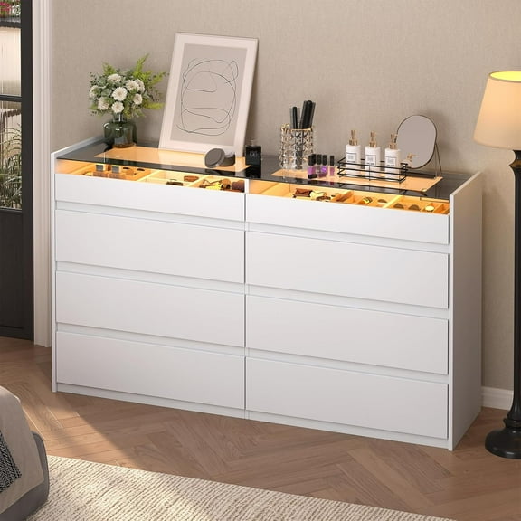 White Dresser for Bedroom, 8 Drawer Dresser with Glass Top and LED Light, Modern Chest of Drawers, Jewelry Closet Island with Drawers, Wood Storage Cabinet for Bedroom, Closet, Living Room