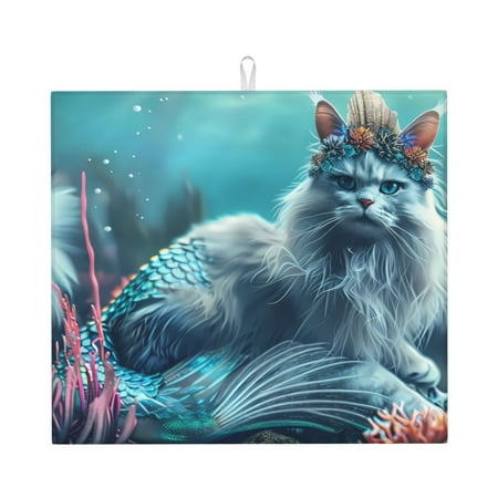 

Lukts Cat Underwater Fantasy Print Ultra Water Dish Drying Mat Slip Resistant Pad for Sink Dishes or Under Rack Kitchen Counter Accessories