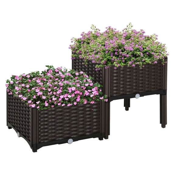 Raised Garden Planter 2-Piece Set, Brown Self-Watering Outdoor Planters, Elevated Garden Bed for Flowers, Herbs, Vegetables, Patio & Deck Gardening