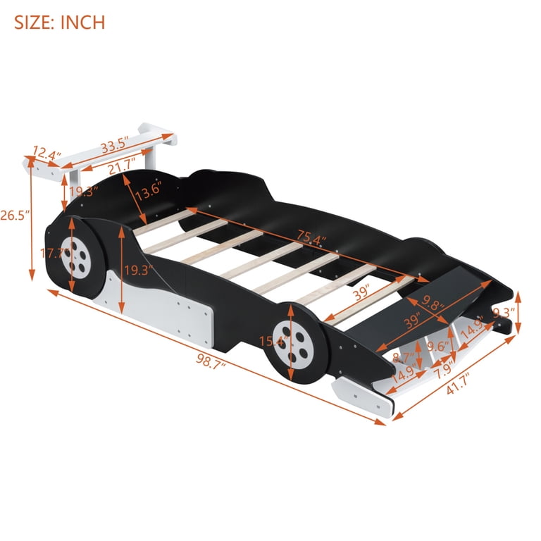 A Frame Support Race Car Twin Size Wooden Race Car Shaped Platform Bed
