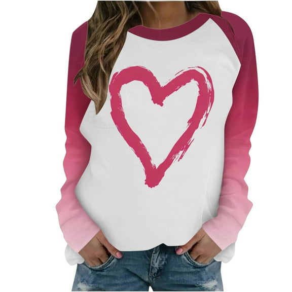 BLVB Women Valentines Shirts Round Neck Long Sleeve Casual Heart T Shirt Love Graphic Sweatshirt Pullover Fashion Tops