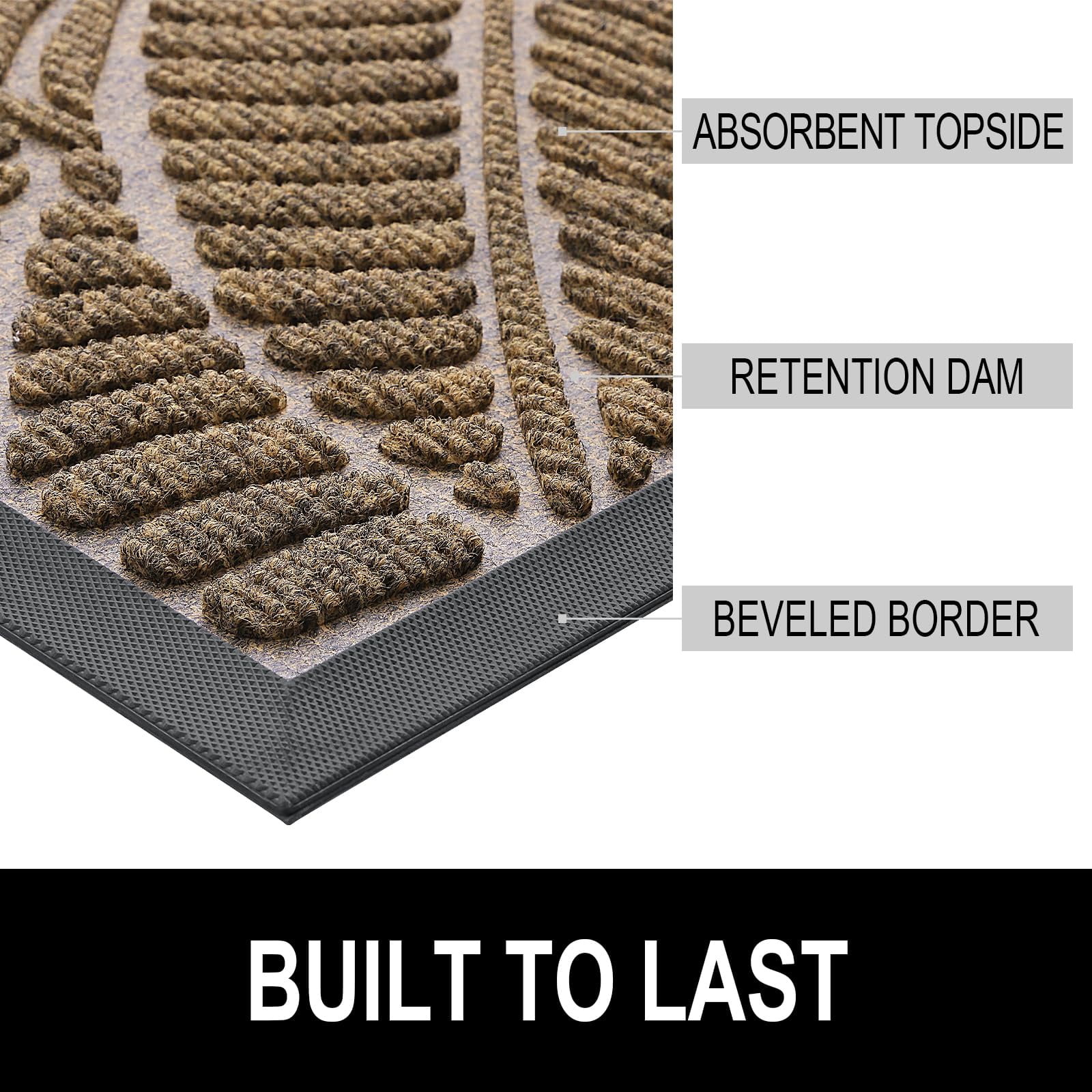 Buganda Waterproof Doormat, Non Slip Absorbent Rubber Door Mat for Outdoor and Indoor, Low Profile Dirt Trapper Front Door Rug, 48"x32",Brown