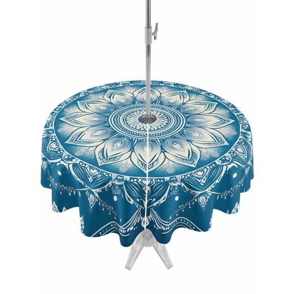 Outdoor Tablecloth with Umbrella Hole and Zipper, Boho Retro Tribal Blue Floral Round Waterproof Table Cover 60in Washable Table Cloth for Patio Picnic Party Abstract Ethnic Theme