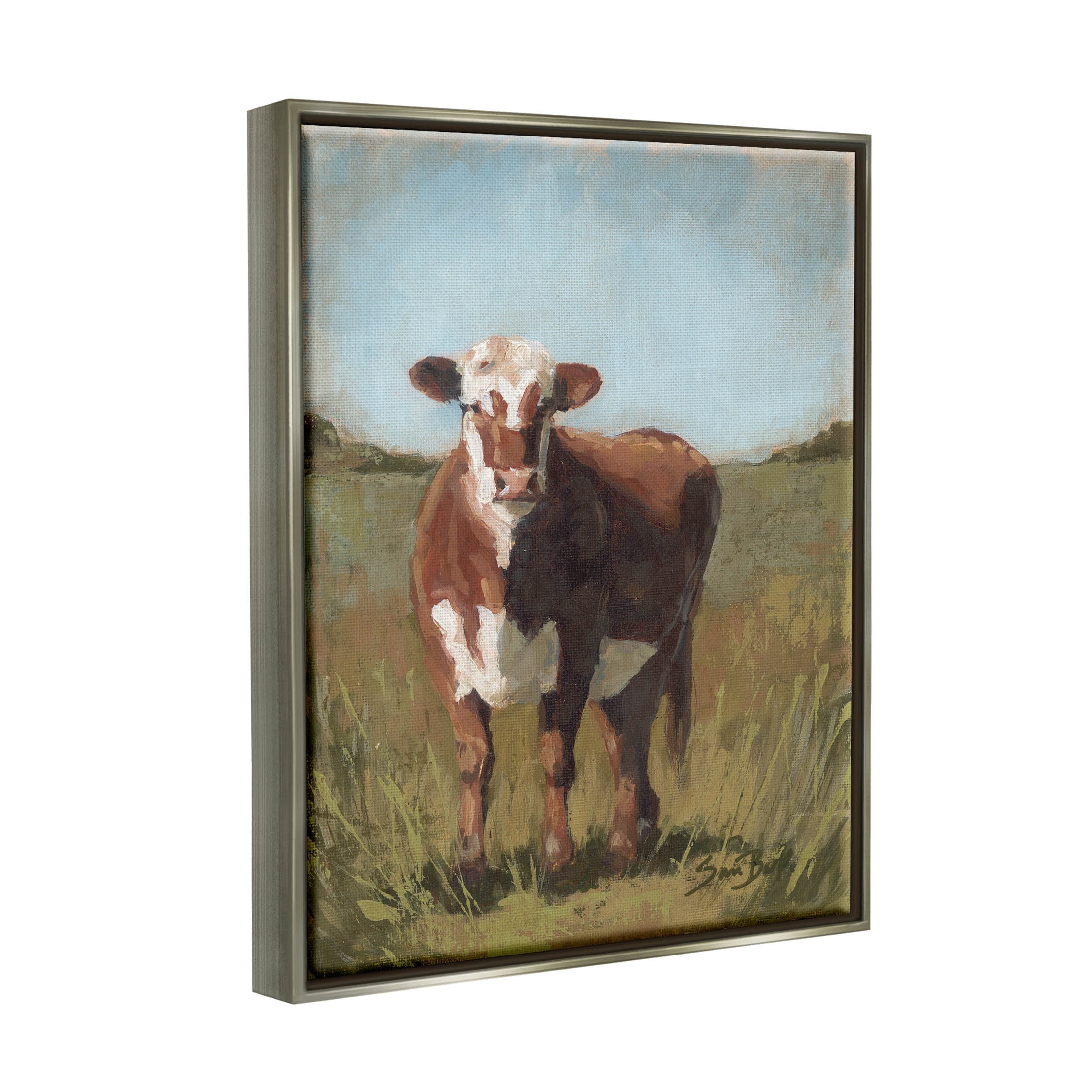 Cattle Vast Countryside Field Animals & Insects Painting Luster Gray Framed Art Print Wall Art