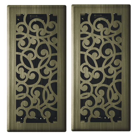 4in x 10in Wonderland Style Vintage Brass Metal Rectangular Floor Register (2 PACK) - Overall 5 1/4" x 11 1/4"