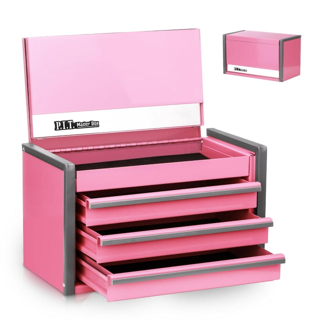 Caja de herramientas P.I.T. Mini, portátil, 3 cajones, acero, apilable, rosa