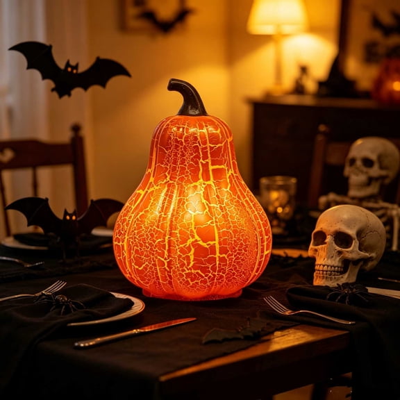 Crackle LED Lighted Pumpkin Decor, Orange Resin Glowing Pumpkin Lantern, Battery Operated Fall Tabletop Ornament for Halloween Thanksgiving Home Decor