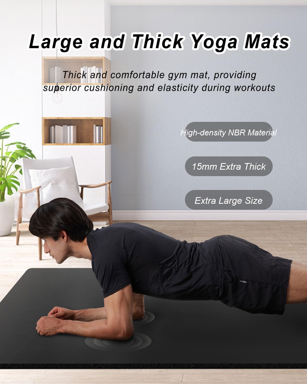 YR Thick Yoga Mat 15mm NBR 78"x35" Wide Exercise Workout Mats for Home Gym Floor Fitness Pad, Black