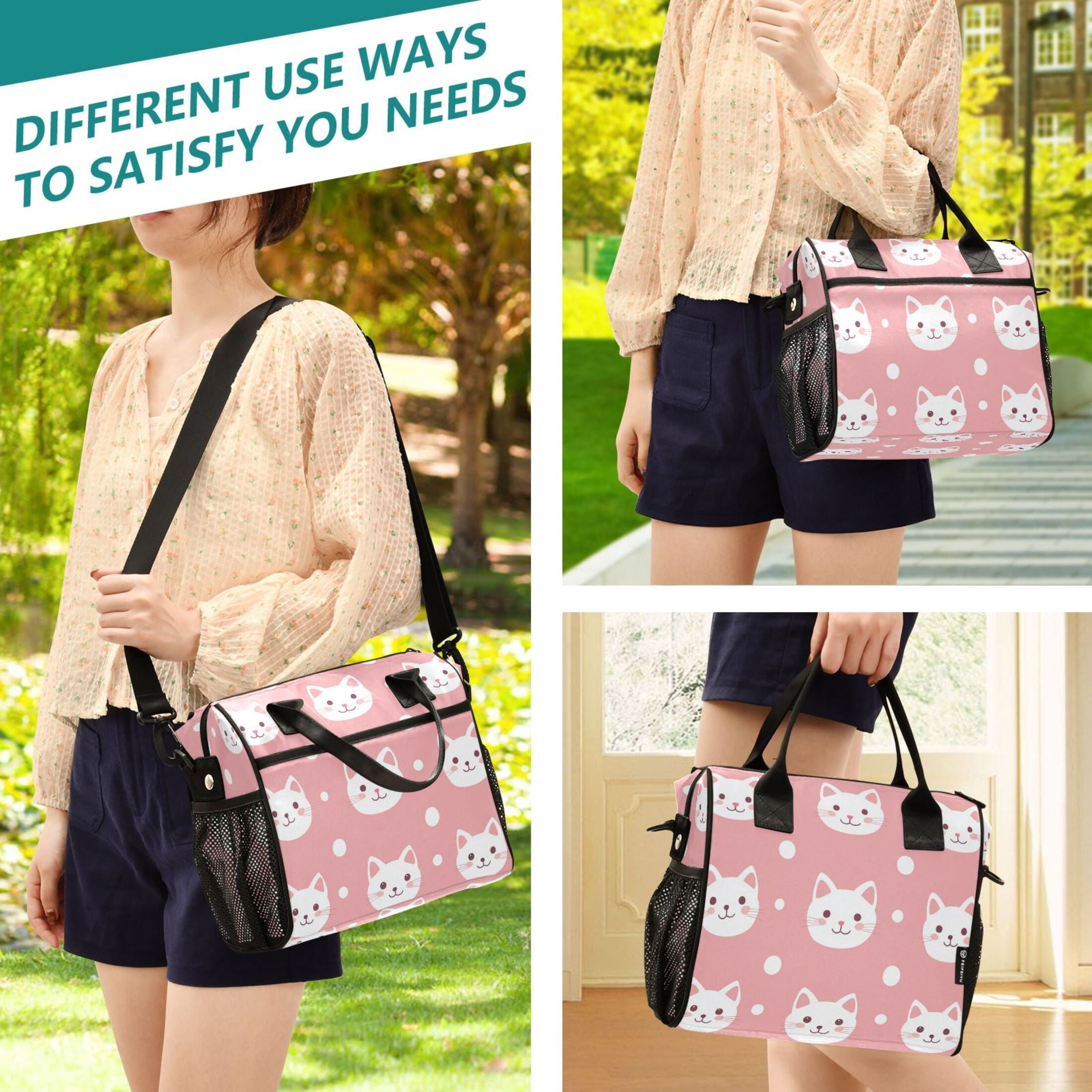 WOBOGO Kawaii Cat Face Pattern Lunch Bag Large Capacity Leak Proof Insulation Soft Adult Men and Women Universal 11.8×11.4×6.2in