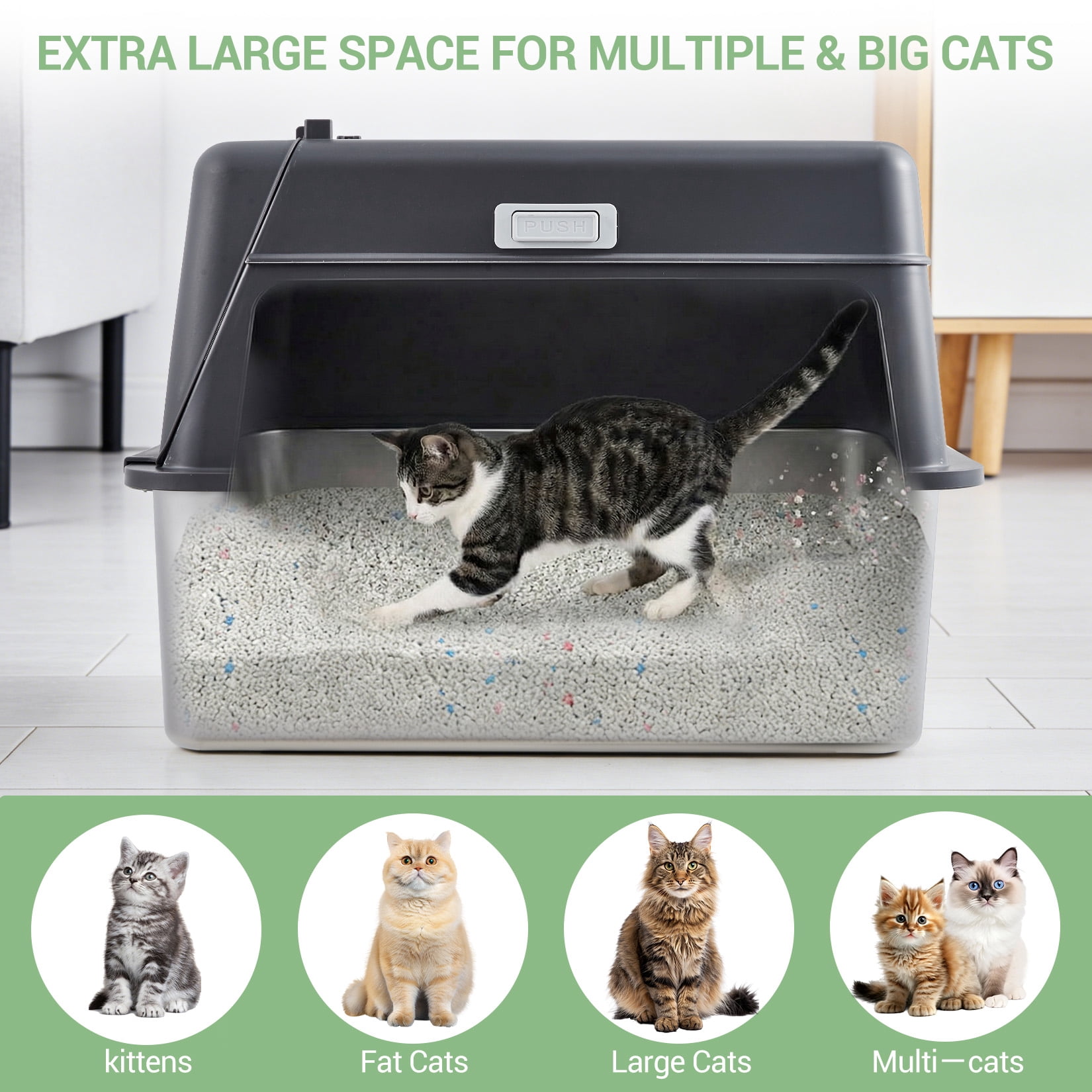 Gaderth Stainless Steel Cat Litter Box with Lid, Enclosed High Sided Litter Box, Odour-Proof, Leak-Proof Tray, Extra Large Litter Tray with Lid for All Cats, Include Litter Scoop & Litter Mat
