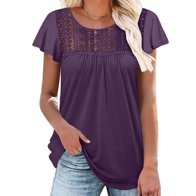 Blouses pour Femmes, Haut Ajusté à Manches Courtes en Dentelle à Volants et Col Rond Uni pour Femmes